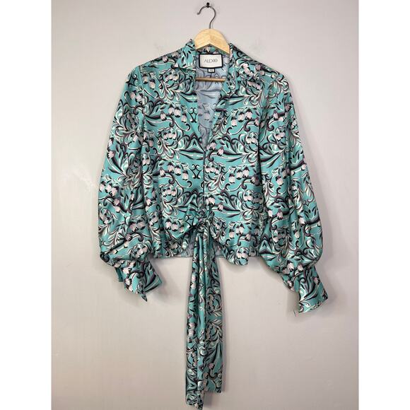 NEW Alexis Wrap Tie Satin Long Blouson Sleeves Tallara Top Blue Aqua Tulip - Picture 2 of 7